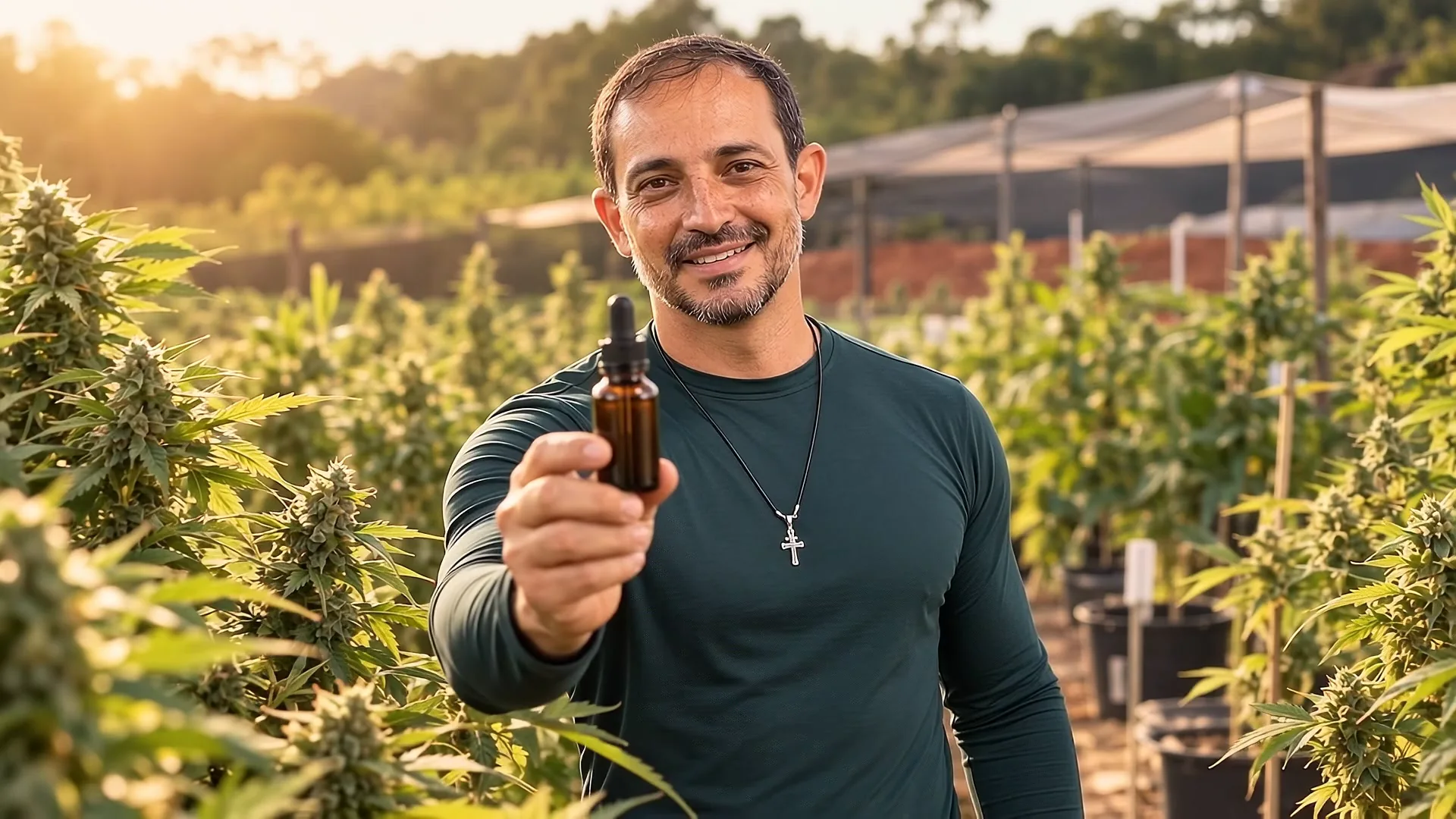 Rogério apresenta um frasco; a rolagem acompanha a transformação até a flor de cannabis